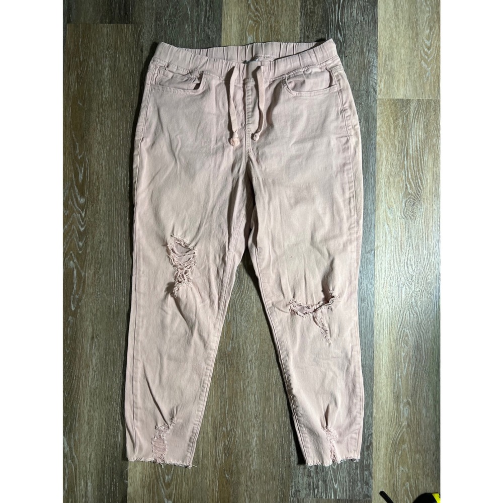 Pink Distressed Jogger Pants Elastic Waist Raw Hem Pastel Casual Womens Small